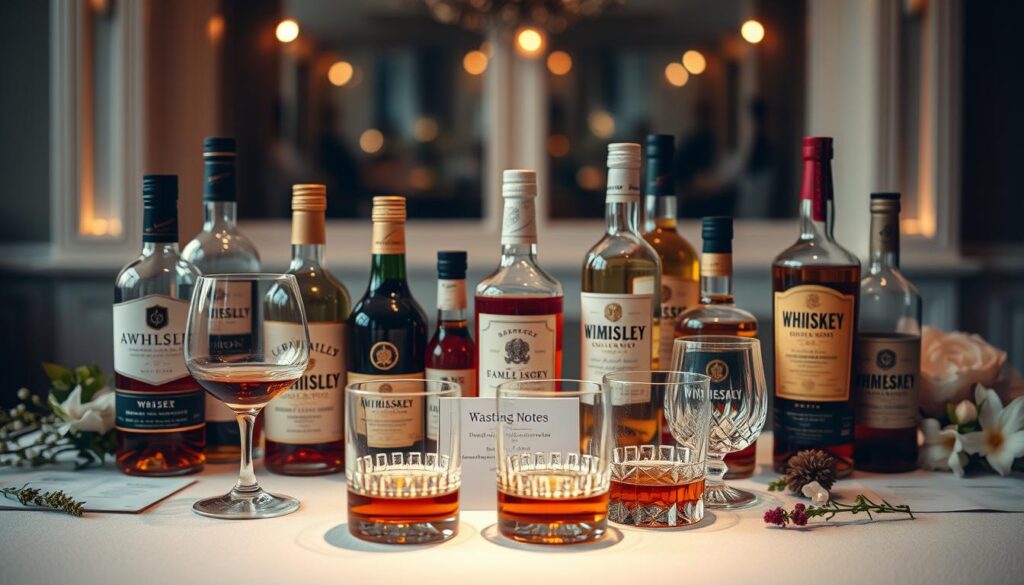 Assorted whiskey bottles and glasses on a tasting table, adorned with flowers and a card for tasting notes in a cozy setting.