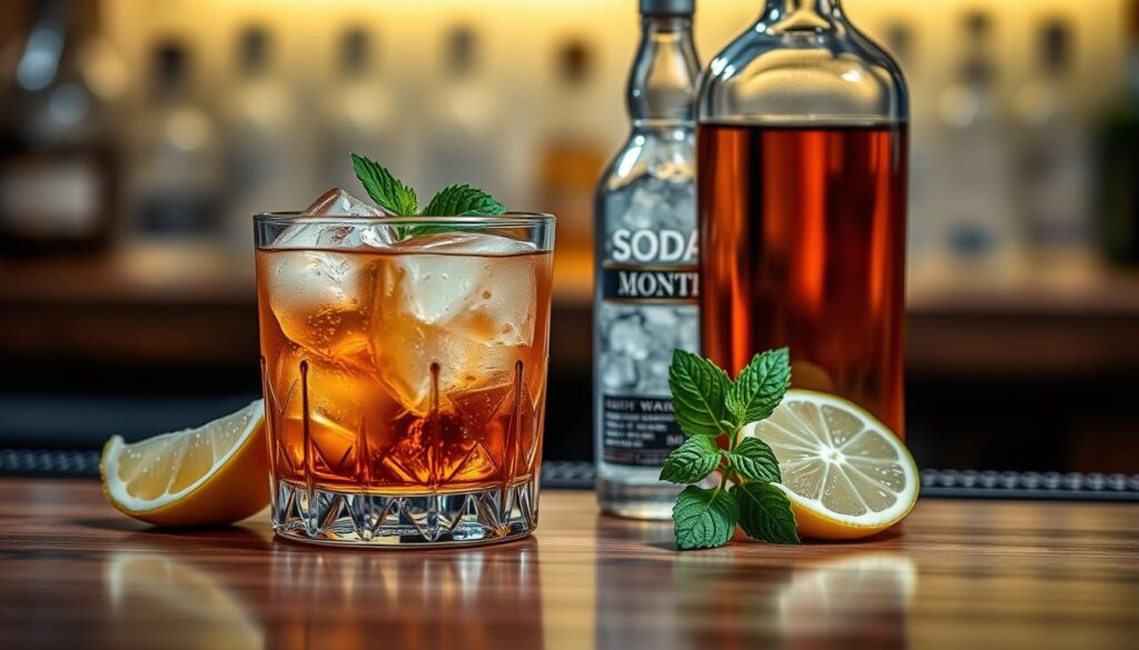 A whiskey cocktail with ice, garnished with mint and lemon slices, alongside bottles of soda and whiskey on a wooden bar.