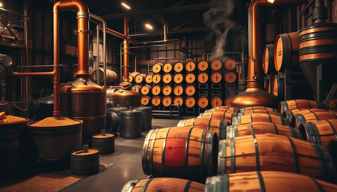 A whiskey distillery with copper stills, wooden barrels stacked on racks, and grain containers in a warm, industrial setting.