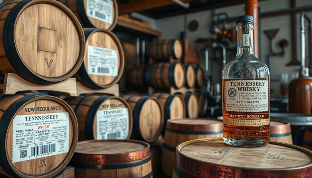 A bottle of Tennessee whisky displayed in front of stacked wooden barrels in a distillery setting.