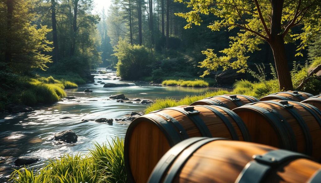 Whiskey barrels rest by a serene river surrounded by lush greenery and tall trees under soft, natural sunlight.