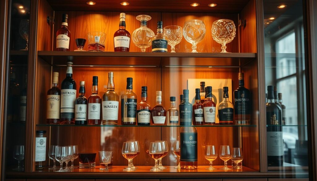 A well-lit wooden display cabinet featuring an assortment of whiskey bottles and elegant crystal glasses.