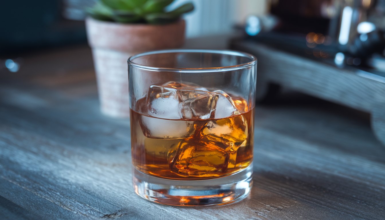 A glass of whiskey with ice sits on a wooden surface, with a blurred potted plant and dark background in view.