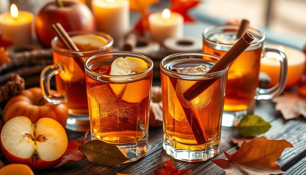 
Apple cider and whiskey cocktails garnished with cinnamon sticks and apple slices, set in a cozy autumn-themed atmosphere.