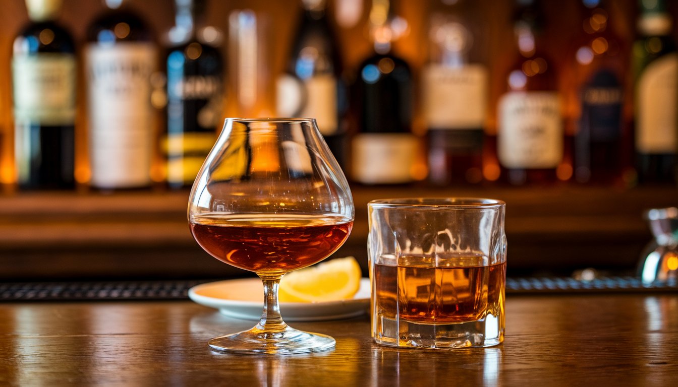 Two glasses of whiskey displayed on a wooden bar counter, featuring a snifter and a tumbler.