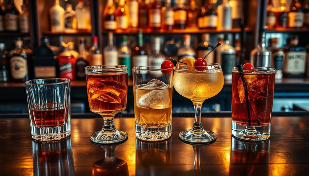 Five whiskey cocktails on a bar counter with garnishes, set against shelves filled with various liquor bottles.