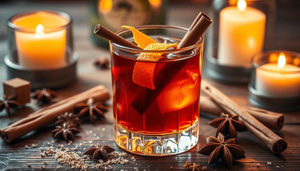 A warm, spiced cinnamon whiskey cocktail garnished with cinnamon sticks and orange peel, surrounded by star anise and candles.