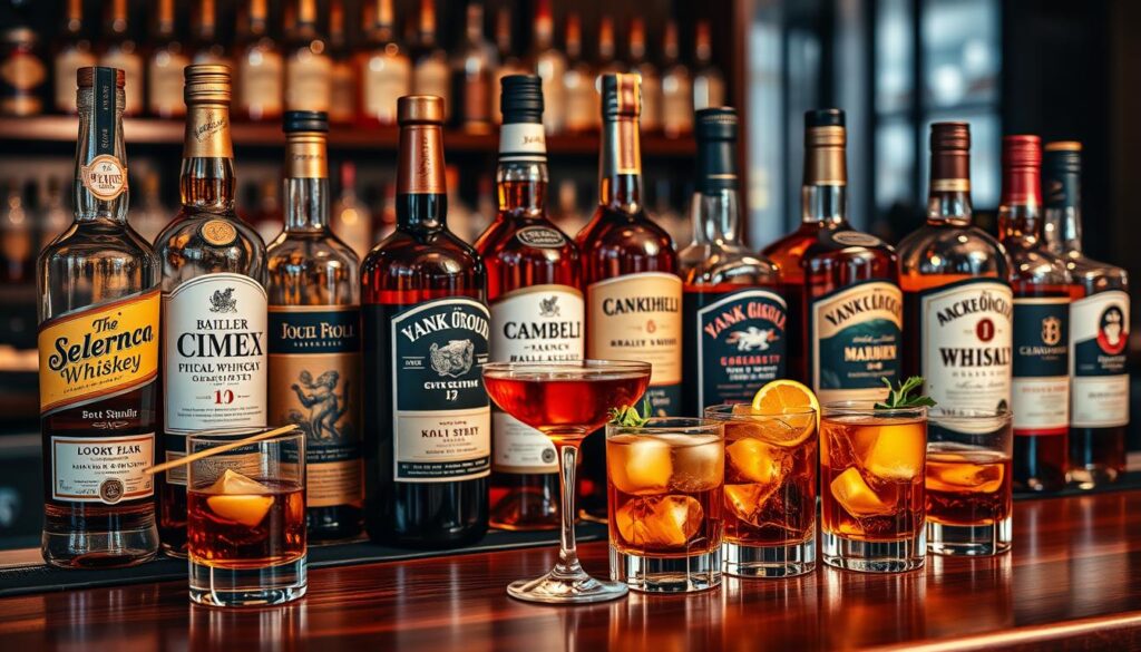 A selection of whisky bottles displayed on a bar, featuring various whisky options with crafted cocktails in the foreground.