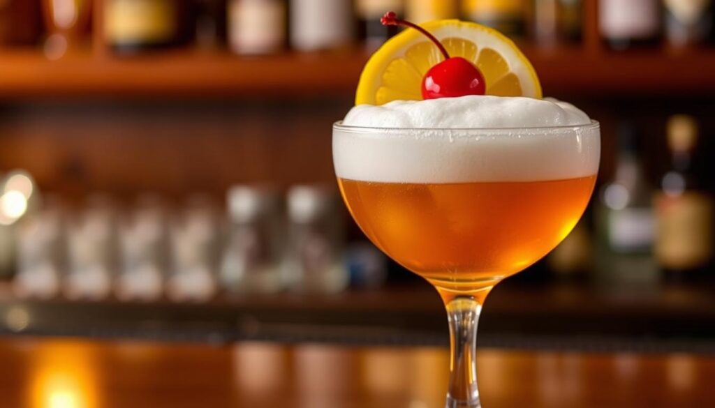 An egg white whiskey sour cocktail garnished with a cherry and orange slice.