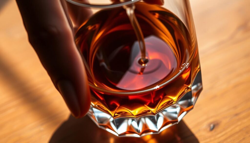 A close-up of a hand holding a whisky glass with rich amber liquid.