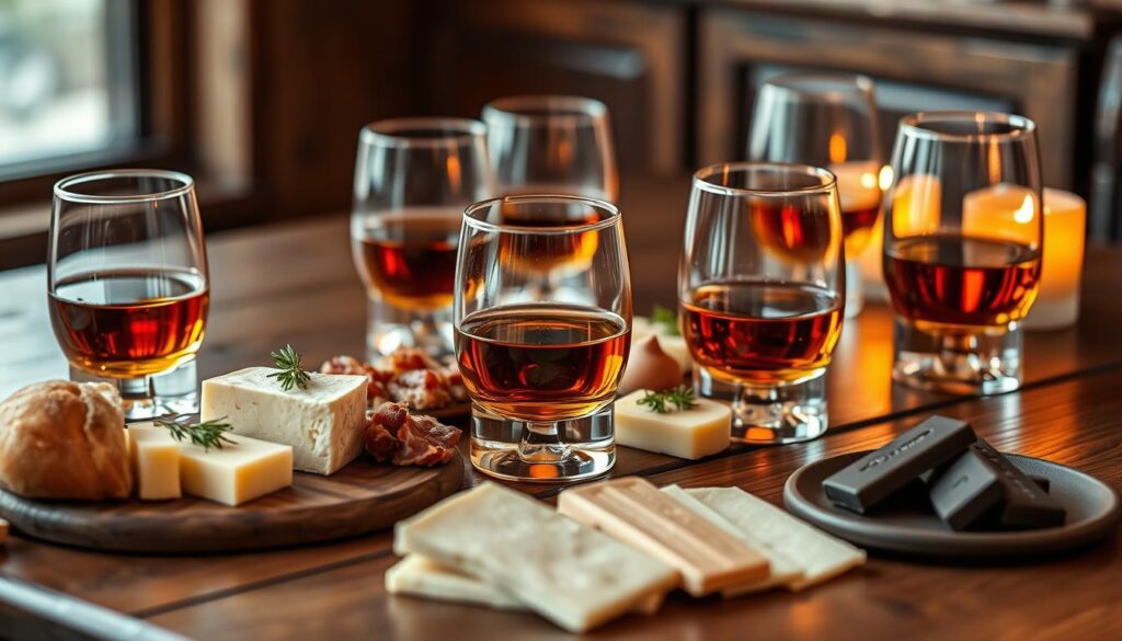 A setup with glasses of whiskey, cheese, bread, chocolate, and cured meats, perfect for a food pairing experience.