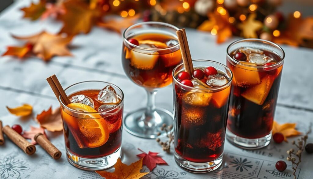 Festive whiskey and Coke cocktails garnished with cranberries, cinnamon sticks, and citrus, perfect for a cozy seasonal celebration.