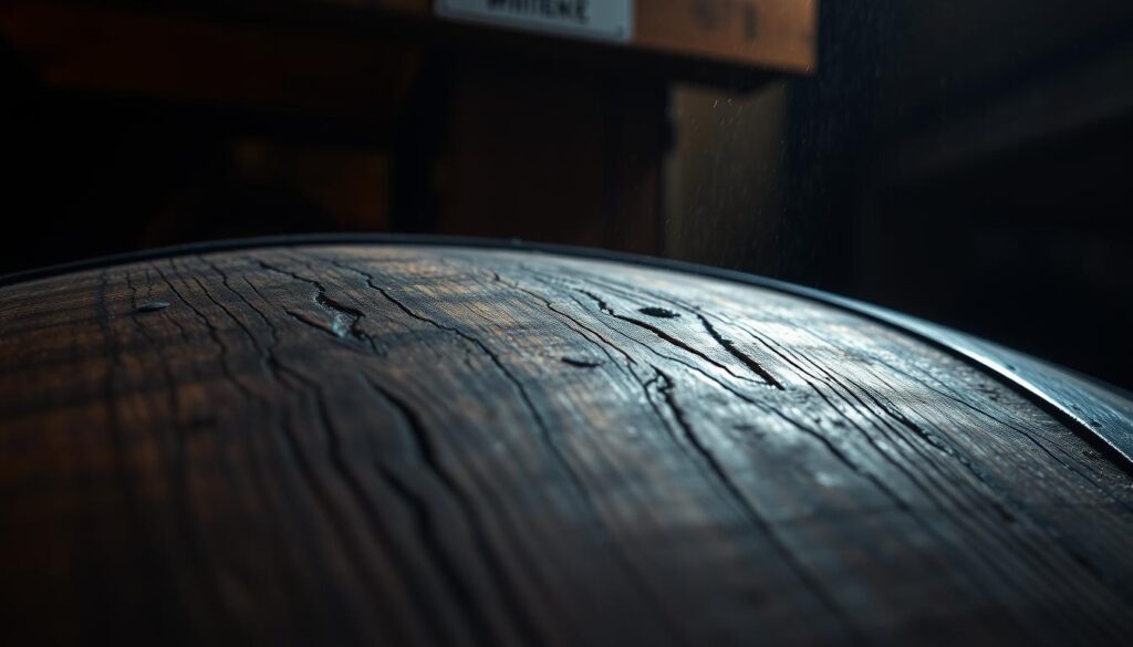 A close-up of an aged whisky barrel with a textured wooden surface in a dimly lit storage space.