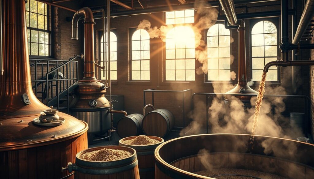 A traditional whisky distillery with copper pot stills, wooden barrels, and steaming mash.