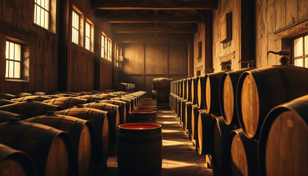 Whiskey aging in barrels