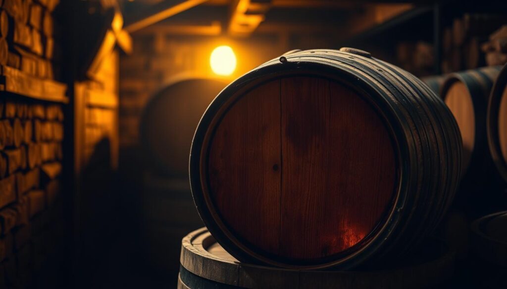 A wooden whiskey barrel stored in a dimly lit cellar, illuminated by a warm light in the background.