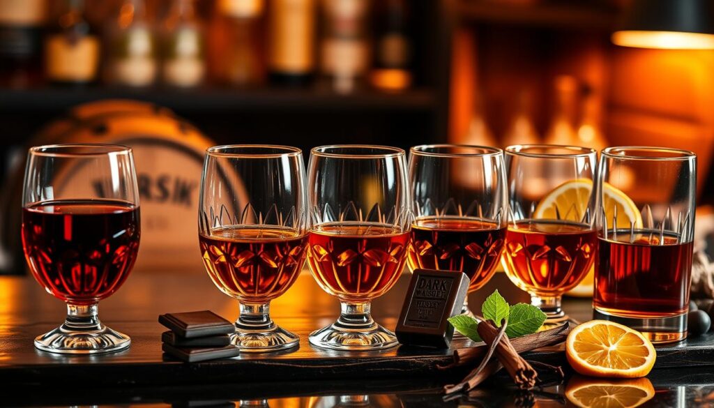 A whiskey tasting setup featuring six glasses, dark chocolate, cinnamon sticks, and lemon slices.