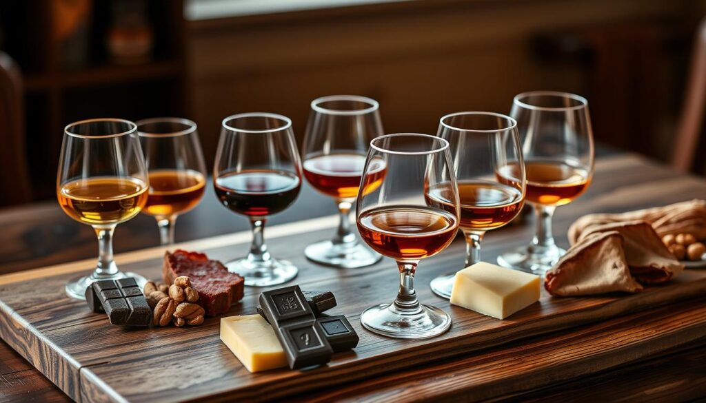 A setup featuring an elegant wooden board with glasses of whisky, dark chocolate, cheese, nuts, and dried meats.