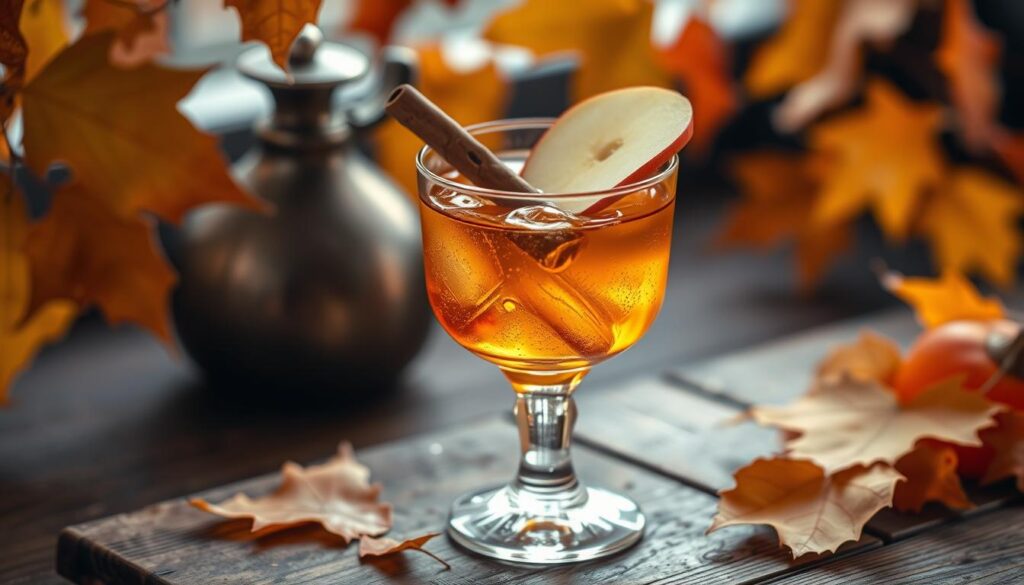 A fall-themed cocktail garnished with an apple slice and cinnamon stick, surrounded by autumn leaves.