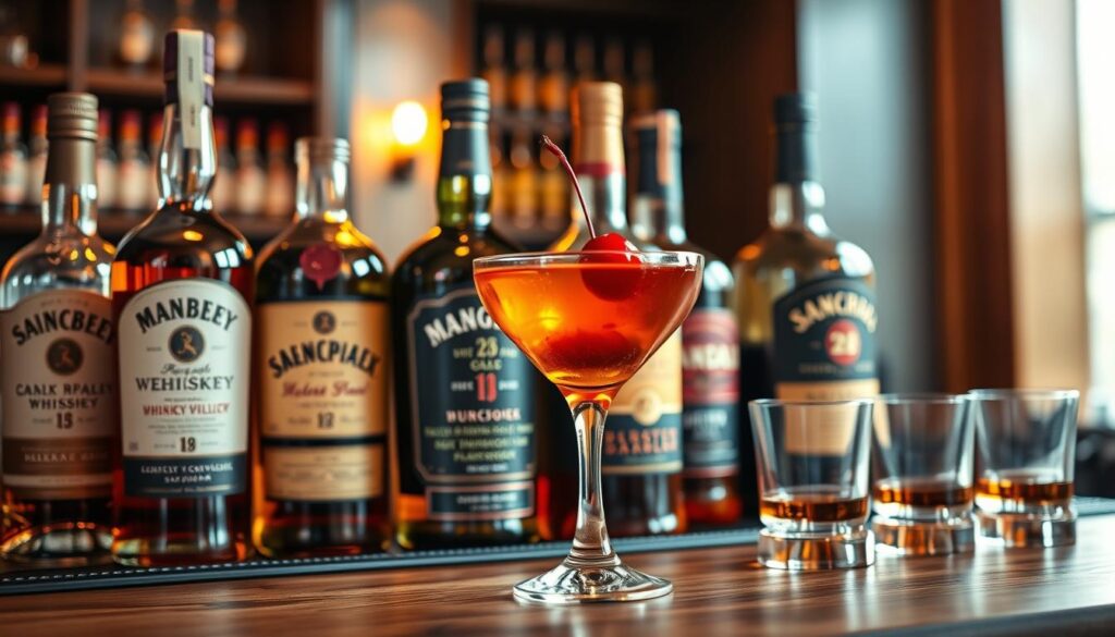 A coupe glass with a whiskey cocktail garnished with a cherry, surrounded by whiskey bottles.