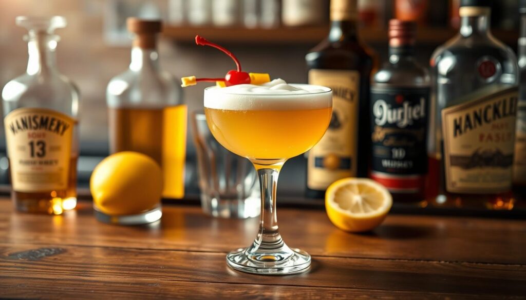 Whiskey sour cocktail with a frothy top, cherry garnish, and lemon, surrounded by whiskey bottles on a wooden bar.