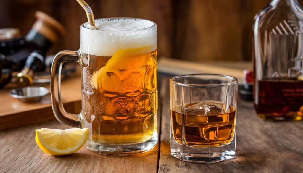 A frothy beer in a glass mug with a lemon slice and a whiskey glass on a wooden table.