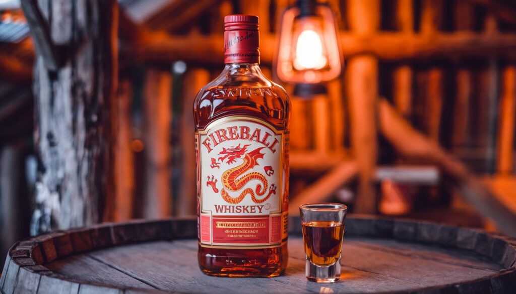 A Fireball Whiskey bottle and shot glass resting on a wooden barrel in a rustic setting, illuminated by a warm lantern glow.