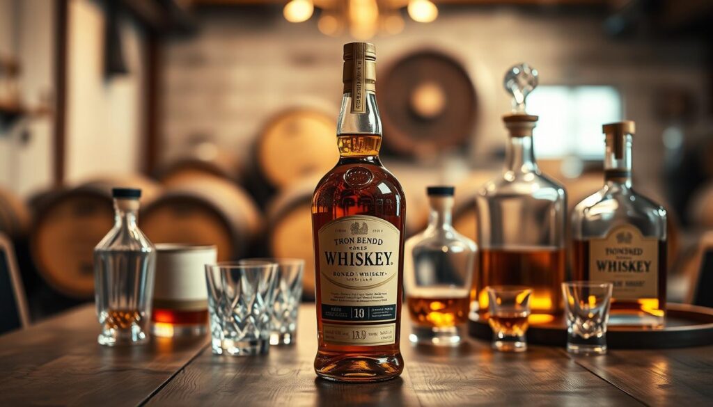 Bonded Whiskey FAQs A bottle of Tron Bennd bonded whiskey on a wooden table, surrounded by glasses and decanters in a barrel-filled distillery.