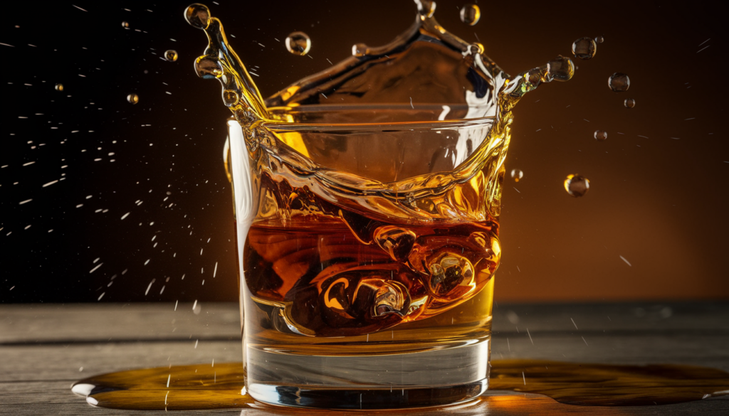 A glass of whiskey splashing with droplets in mid-air, set against a dark background on a wooden surface.