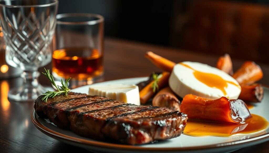 Grilled steak with roasted veggies and sauce, paired with whisky, showcasing a perfect whisky and food pairing experience.