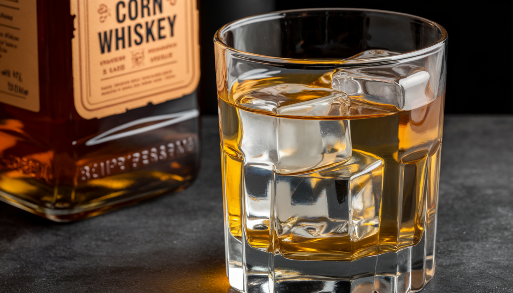 A glass of corn whiskey on the rocks sits on a dark surface, with a bottle of corn whiskey  in the background.