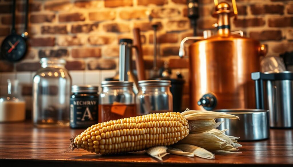 A rustic kitchen scene featuring an ear of corn on a wooden countertop, with glass jars and a copper still in the background.