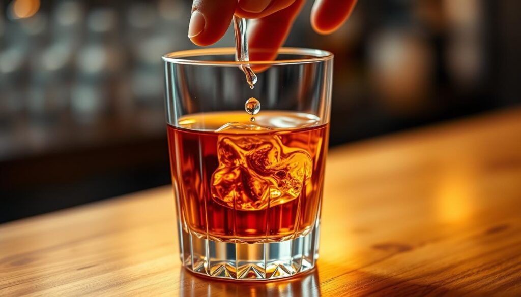 Adding Water to Whiskey A drop of water lands in a glass of whiskey with ice, enhancing its aroma and flavor on a wooden bar counter.