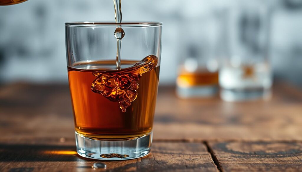 Adding Water to Whiskey Water being poured into a glass of whiskey, creating a splash and swirl effect in the amber liquid.