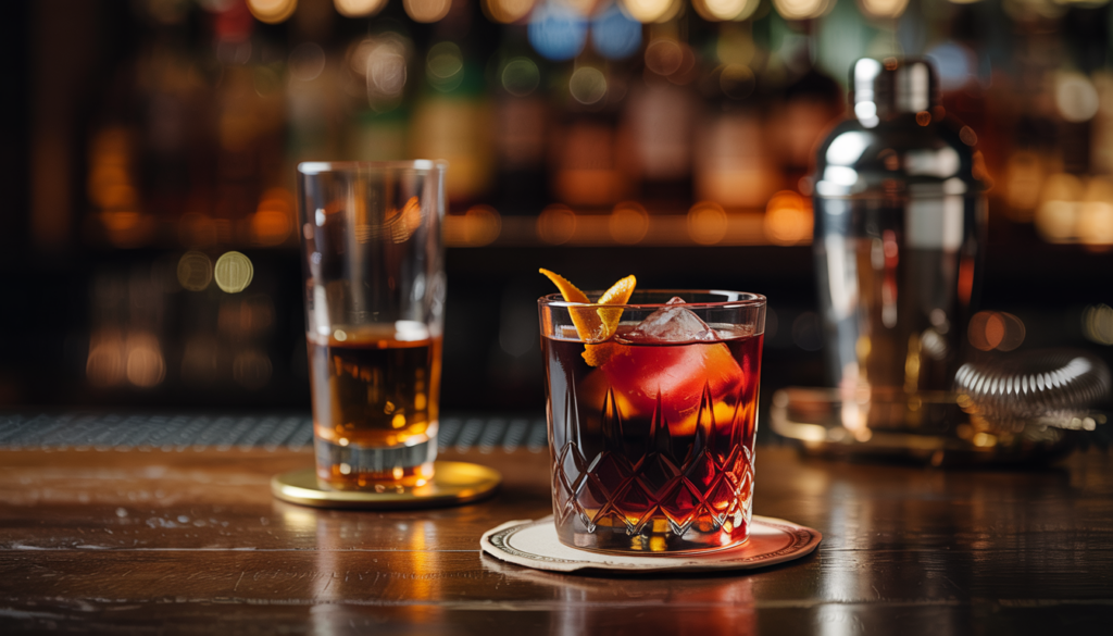 Two cocktails on a bar counter, one in a crystal glass with ice and orange peel, set against a dimly lit bar background.