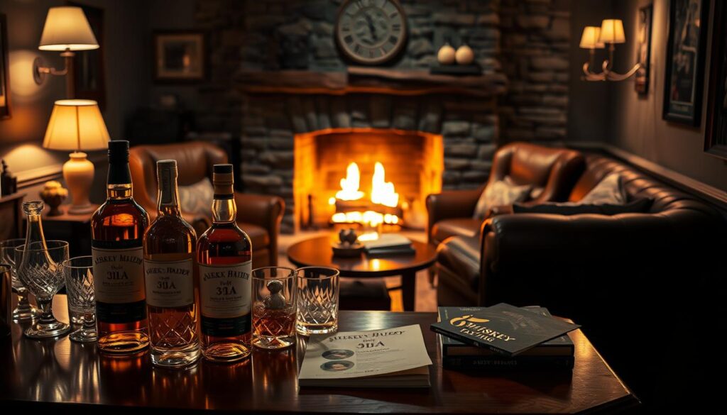 Entertaining with whiskey Whisky bottles and glasses set on a table in a cozy lounge with a fireplace and leather chairs in the background.