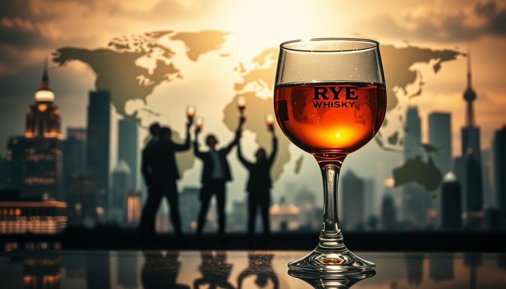 Global Influence of American Rye Whiskey A glass of rye whisky in focus with a world map and silhouetted people toasting in the city skyline background.