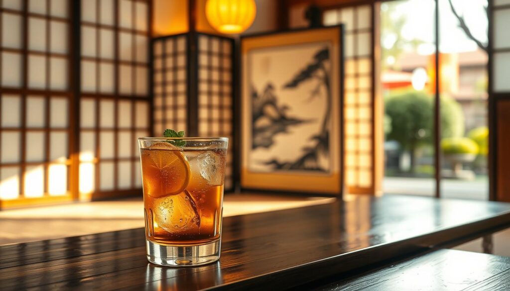A Japanese whiskey cocktail garnished with citrus and mint, set in a serene tatami room with traditional shoji screens.