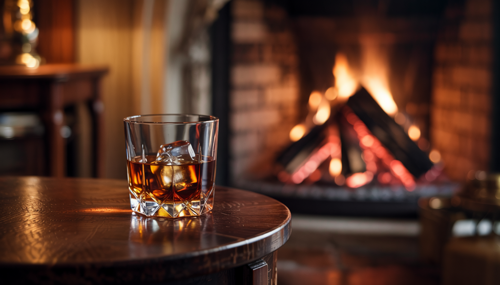 A glass of rye whiskey with ice on a wooden table in front of a warm, glowing fireplace in a cozy room.