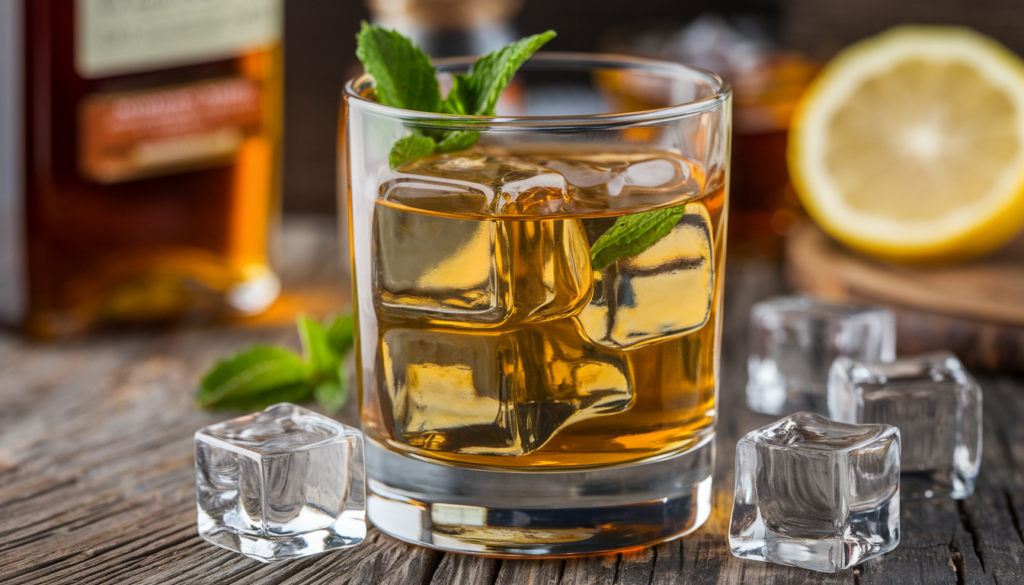 Whiskey on the rocks garnished with mint, surrounded by ice cubes and lemon on a rustic wooden table.