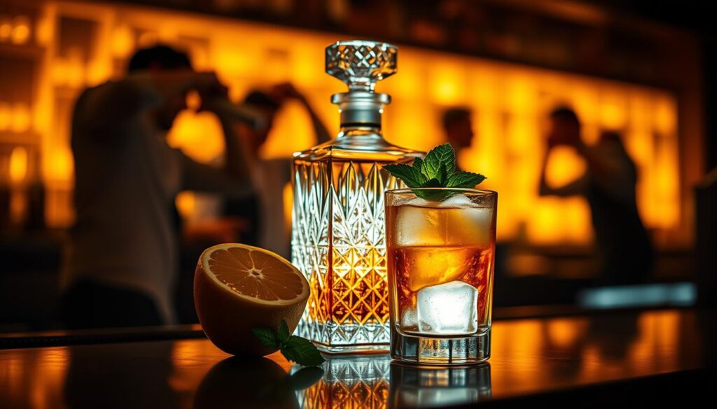 Rye Whiskey in Craft Cocktails A glass of rye whisky cocktail with ice and mint, a crystal decanter, and halved citrus fruit on bar.