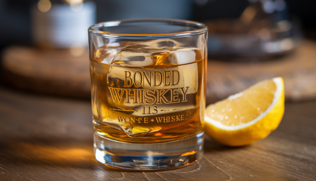 A glass of Bonded Whiskey with ice sits beside a lemon wedge on a wooden surface, evoking a warm, rustic atmosphere.