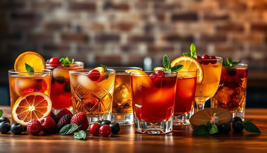 fruity whiskey drinks Colorful whiskey cocktails garnished with citrus, berries, and mint on a wooden table with a rustic brick wall background.