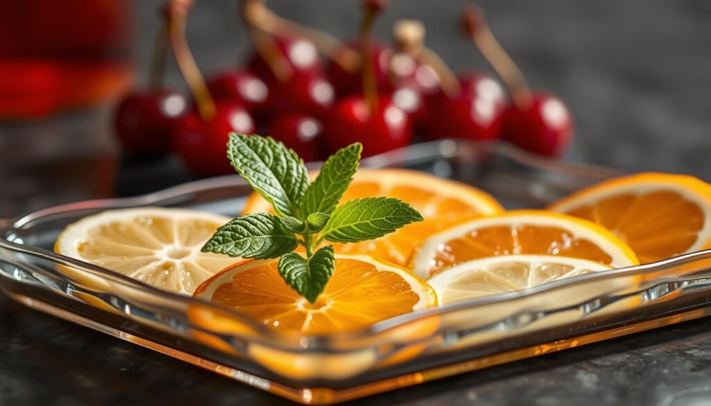 A tray of citrus slices and mint, perfect garnishes for whiskey cocktails.