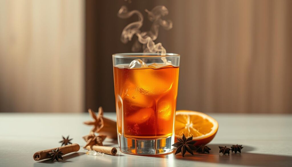 non-alcoholic blended whiskey A steaming whisky cocktail with ice, garnished with star anise, cinnamon sticks, and an orange slice on a light table.