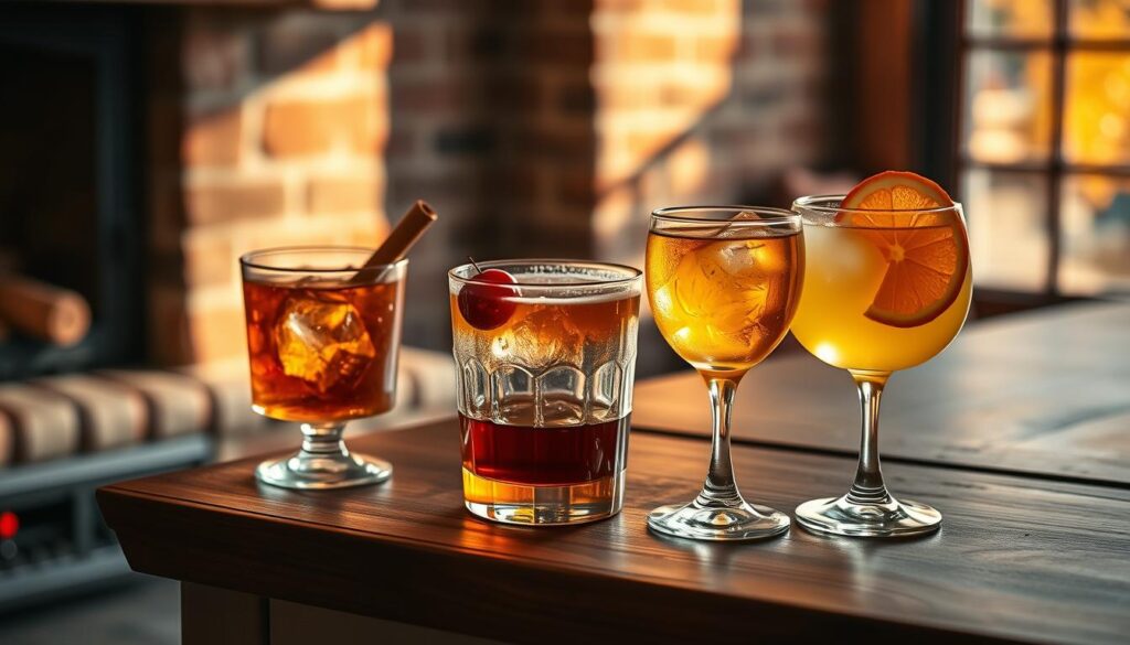 seasonal blended whiskey cocktails Four seasonal whisky cocktails on a wooden table, glowing warmly in cozy, ambient light near a brick wall.