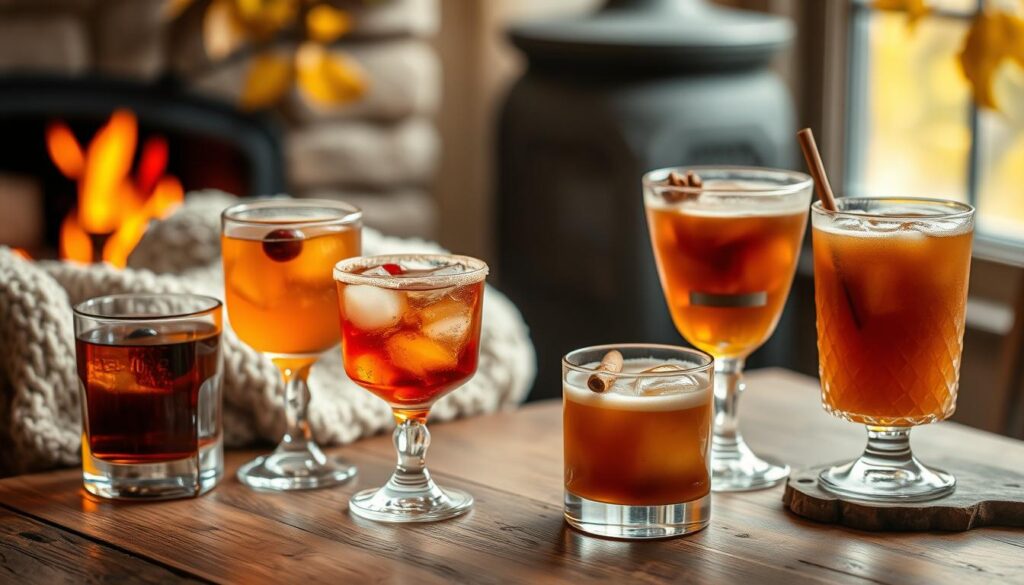seasonal whiskey cocktails Assorted whiskey cocktails on a wooden table by a cozy fireplace, with warm lighting and autumn decor in the background.