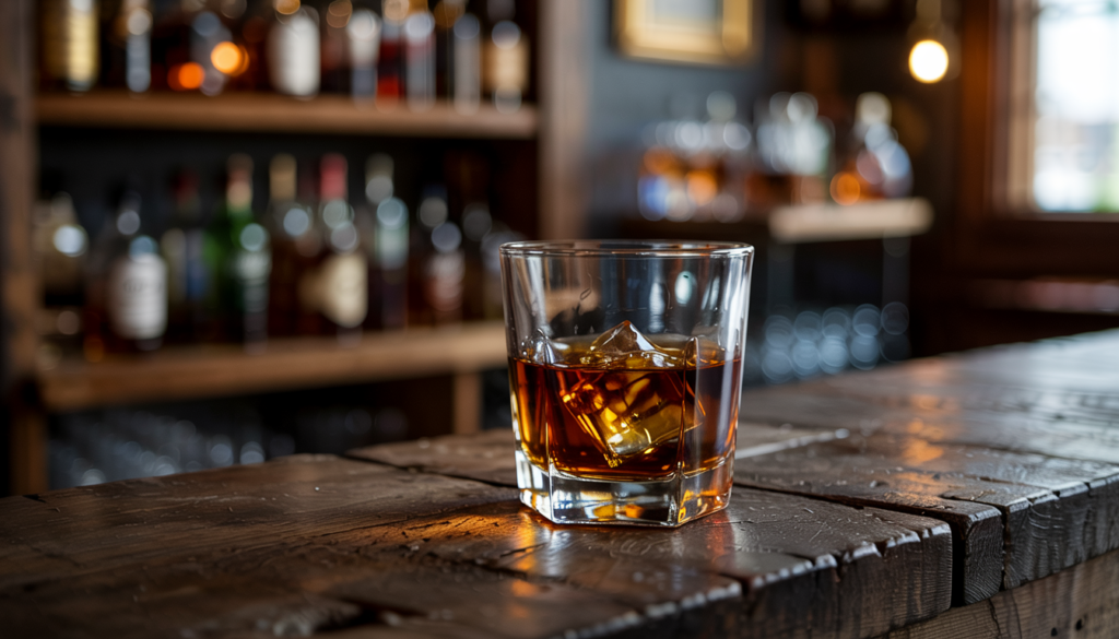 A glass of whiskey with ice on a rustic wooden bar, with a blurred background of shelves filled with liquor bottles.