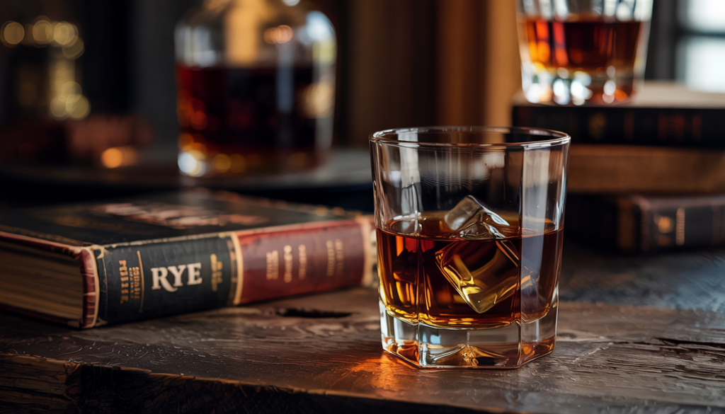 A glass of rye whiskey with ice on a rustic table, surrounded by books and bottles in a cozy, dimly lit setting.