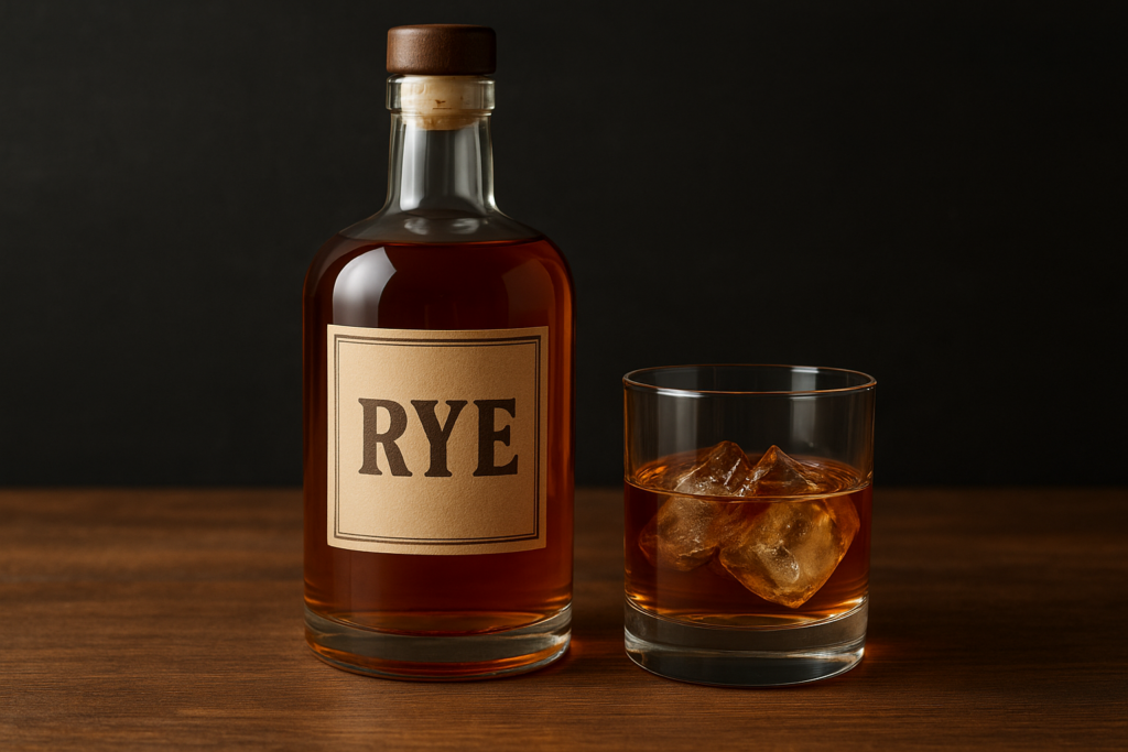 A bottle of rye whiskey and a glass with ice on a wooden surface against a dark background.